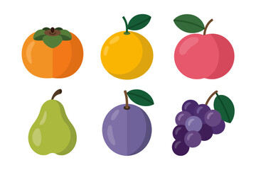 Assorted fruit vector illustrations, pear plum grape peach icons, fresh seasonal produce pack, colorful grocery market graphics