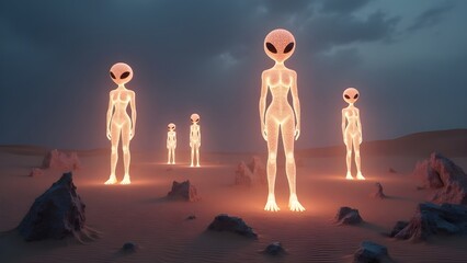 A mysterious colony of luminous humanoid aliens standing in a desolate, rocky desert landscape at night