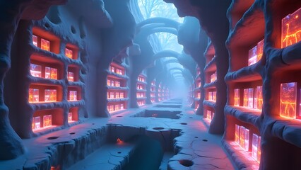 A mysterious and futuristic underground library carved from ice, with shelves holding glowing orange information cubes