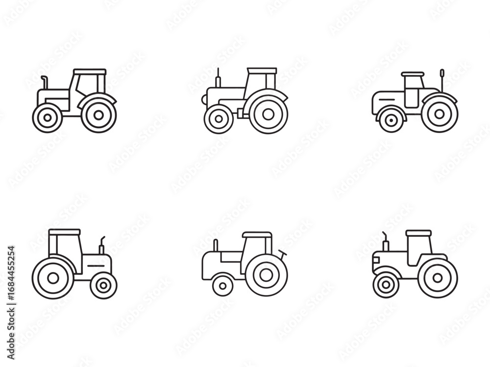 Poster collection of minimalist tractor icons for agricultural and farming concepts depicting machinery in 