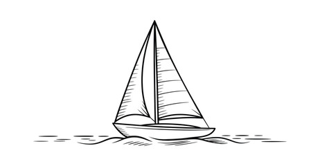Minimalist sailboat sketch with triangular sail and motion lines on water, black and white nautical illustration for educational or decorative use