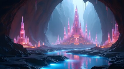 Enchanted subterranean kingdom featuring a luminous pink crystal palace and a glowing blue river flowing through a vast dark cavern