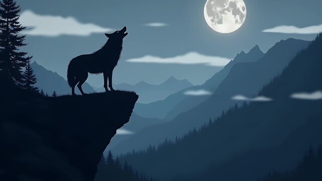Silhouette of a wolf standing on a cliff edge, howling at the crescent moon, with pine forest and mountain background.