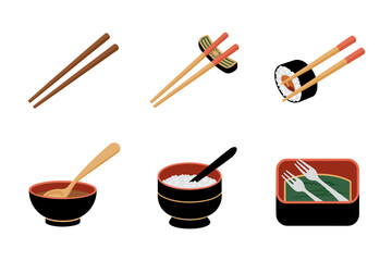 Asian dining utensils and dishware vector set, chopsticks bowls ladle sushi plates, soy sauce container, serving spoon graphics
