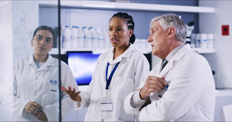 People, scientist and notes on glass in lab for planning, equation and formula for experiment. Staff, explain and brainstorming for research, team calculating and medical information of vaccine study