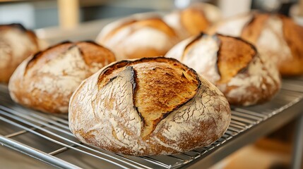 Freshly baked artisan sourdough bread on metal racks