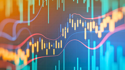 Dynamic digital interface displaying evolving financial market trends with intricate candlestick charts and interconnected line graphs, signifying investment growth and economic insights