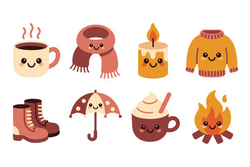 Cozy autumn hygge icons, warm mug sweater scarf candle boots umbrella campfire, comfort lifestyle, seasonal chill graphics