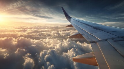 Obraz premium Airplane wing clouds sunset