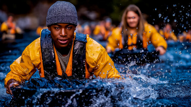 A river cleanup day with community members pulling plastic from water energetic teamwork dynamic splashes - Powered by Adobe