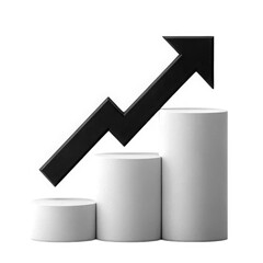 Black upward trend arrow symbol rising above white cylinders representing growth and success white background