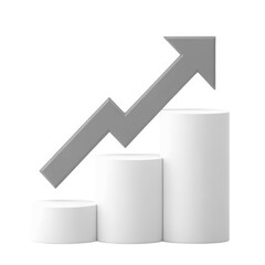 Gray arrow pointing upward over white cylinders representing business growth and success white background