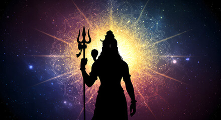 Silhouette of Lord Shiva with Trident against a Cosmic Mandala and Starry Galaxy Background - Spiritual and Mystical