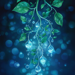 Luminous Water Droplets on Green Leaves