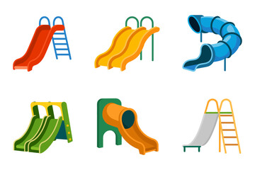 Kids playground slide vector set, fun outdoor equipment, recreational play icons, backyard activities, park amusement, entertainment designs