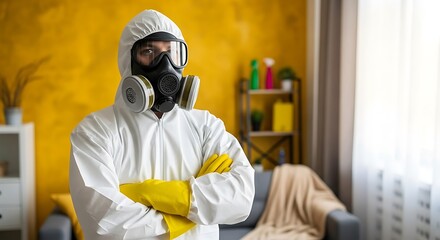 Disinfection Specialist In Protective Suit Home Interior