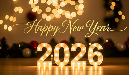 Naklejka premium Happy New Year 2026 - Festive Lights Typography