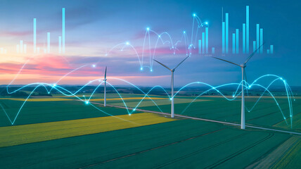 Sustainable Energy Future Wind Turbines and Data Visualization at Sunset