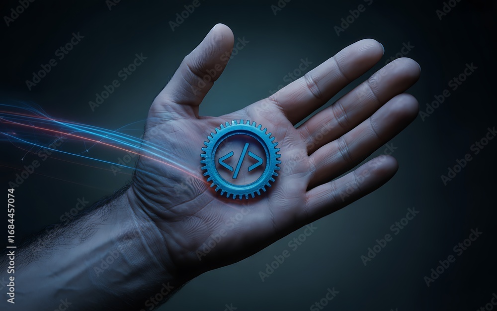 Poster hand holding a gear with code symbol symbolizing progress, innovation, and technological development
