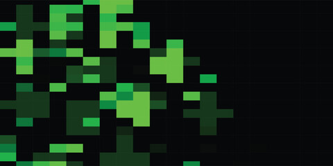 Abstract pixelated green shapes against a dark background, creating a visual pattern.