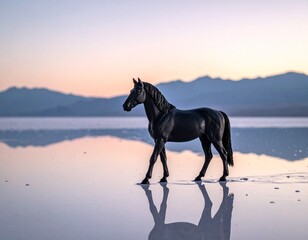 Majestic Black Horse Crossing the Silent Salt Flats at Dusk