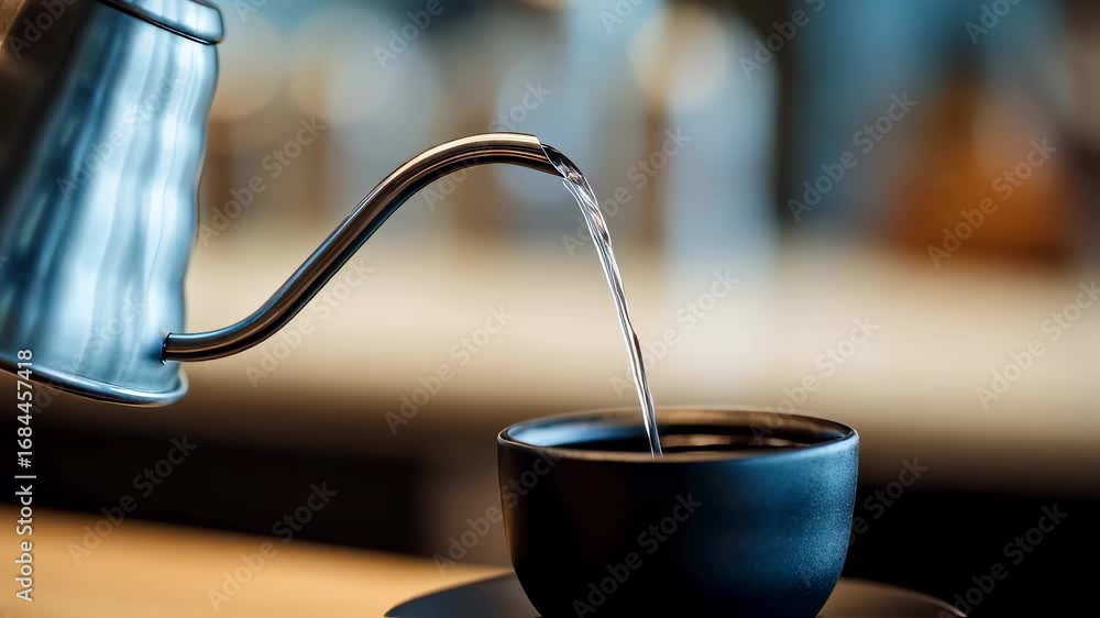 Poster focus on a precise kettle spout delivering water in a steady stream onto coffee grounds with the res
