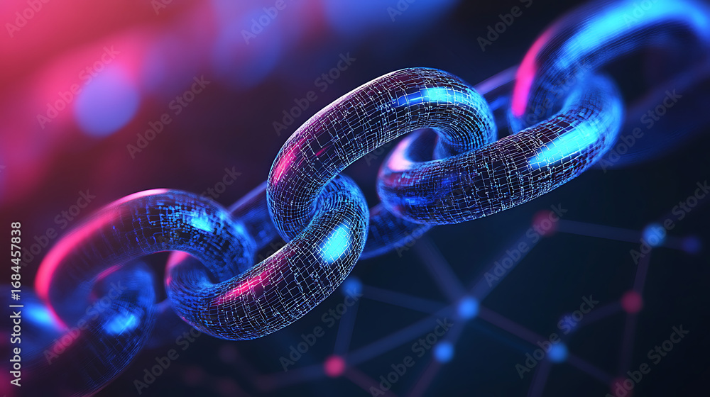 Poster a chain of blue and purple links. the links are connected to each other. the chain is made of a mate
