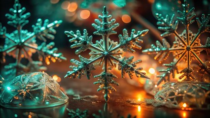 Close up of sparkling translucent snowflake ornaments with blurred festive bokeh lights in the background