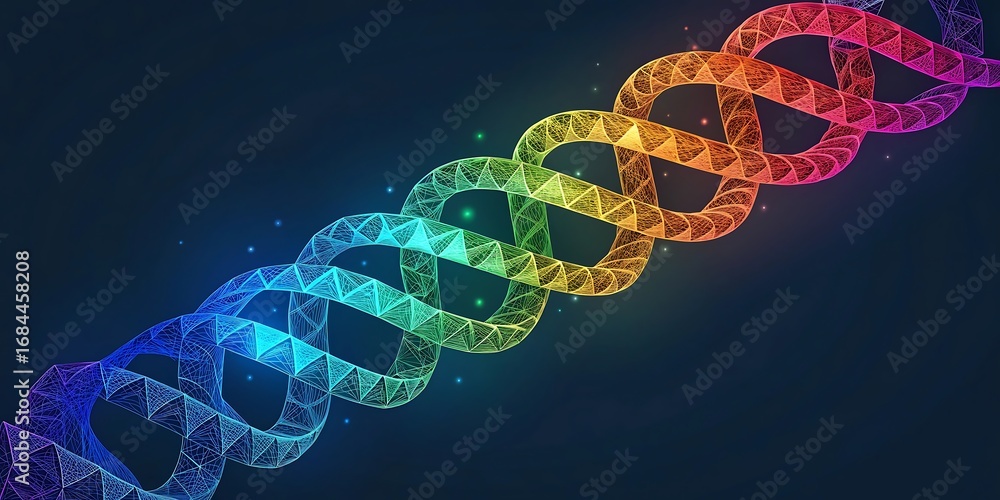 Poster colorful abstract digital representation of a dna double helix with a rainbow spectrum of light on a