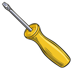 Vintage illustration of a yellow handle flathead screwdriver tool
