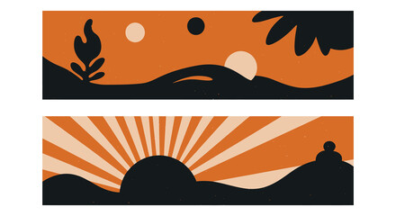 sunset landscape with palm trees and radiant sun