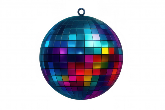 Glittering disco ball spinning, casting vibrant reflected light patterns against transparent backdrop - Powered by Adobe