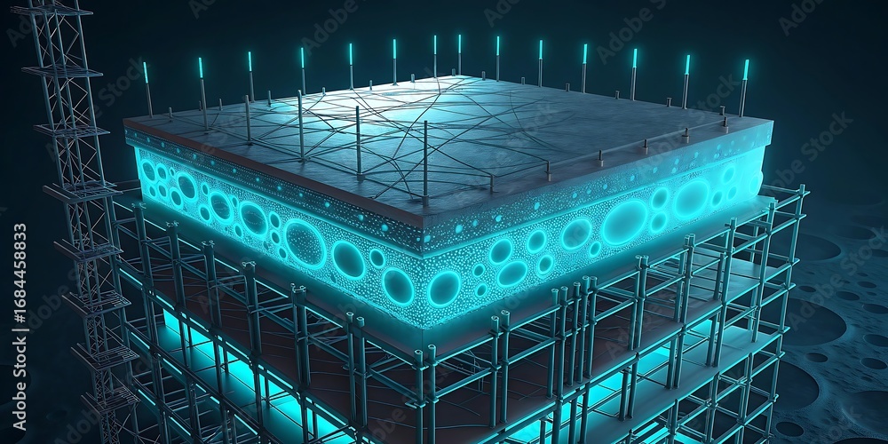Poster futuristic technological structure with glowing blue circuits and data streams, representing advance