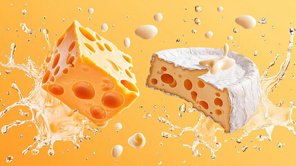 Floating Cheddar and Camembert Cheese with Milk Splashes on Orange