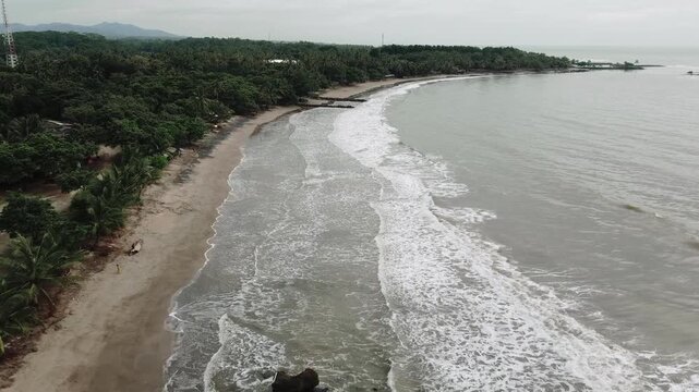 Aerial drone flight over Karang Bolong Beach, Indonesia. Shows the long sandy coastline, ocean waves, and lush coconut palm tree forest