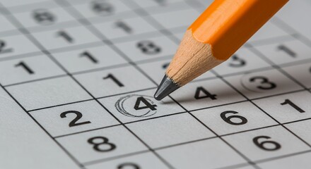 Close up of pencil solving sudoku puzzle on paper with numbers in grid 
