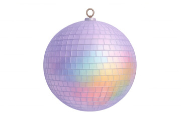 Fototapeta premium Iridescent disco ball sparkling with rainbow reflections, grid-patterned surface gleaming against transparent backdrop