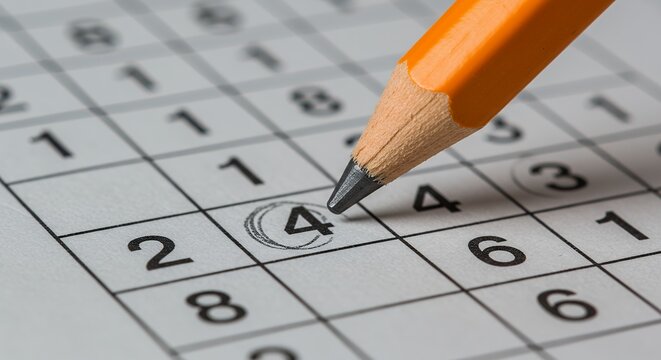 Close up of pencil solving sudoku puzzle on paper with numbers in grid 

