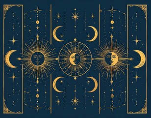 Gold celestial design on navy, with sun and moon, stars, and ornate borders