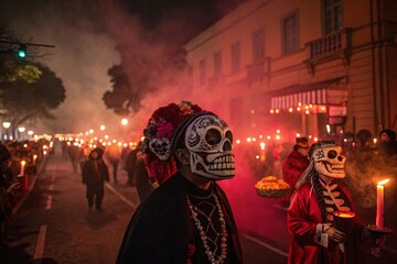Dia de los Muertos Day of the Dead parade at night, glowing skeleton masks