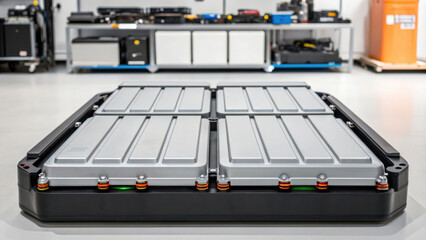 Obraz premium Renewable energy storage solutions for electric vehicle battery pack in modern laboratory environment