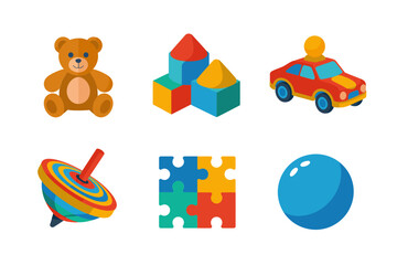 Toys and childhood play objects vector set, teddy bear spinning top puzzle cubes toy car ball, colorful kids illustration graphics