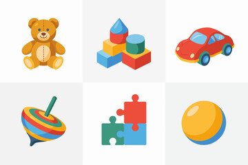 Children toys vector illustration pack, teddy bear toy car spinning top colorful puzzle ball cubes, playful kids entertainment graphics