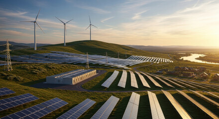 Renewable energy storage solutions with solar panels and wind turbines on green hills at sunset provide sustainable power for rural communities