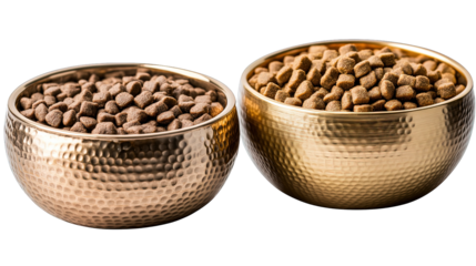 Dry food of cat and dog in golden bowl