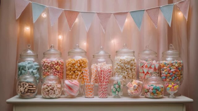 Colorful Candy Bar Party Decoration with Glass Jars