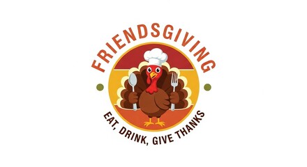 Festive Friendsgiving Logo with Turkey and Utensils Illustration