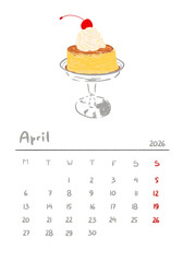 2026 April calendar. Aesthetic handwriting calendar with colorful dessert. 2026 Calendar collection illustration.