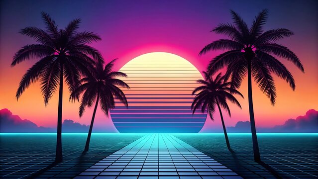 Retro sunset palm trees on a neon beach pathway