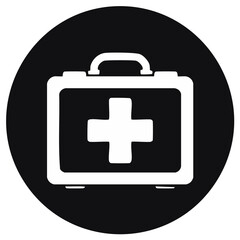 Fototapeta premium Simple white first aid kit icon with a medical cross on a black circular button